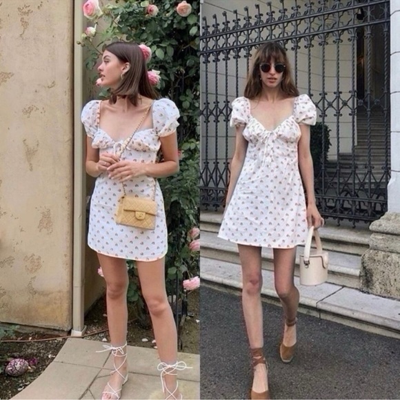 With Jean Audrey Dress - White Floral Print Milkmaid Style Cotton Mini Dress, XS - Picture 1 of 8